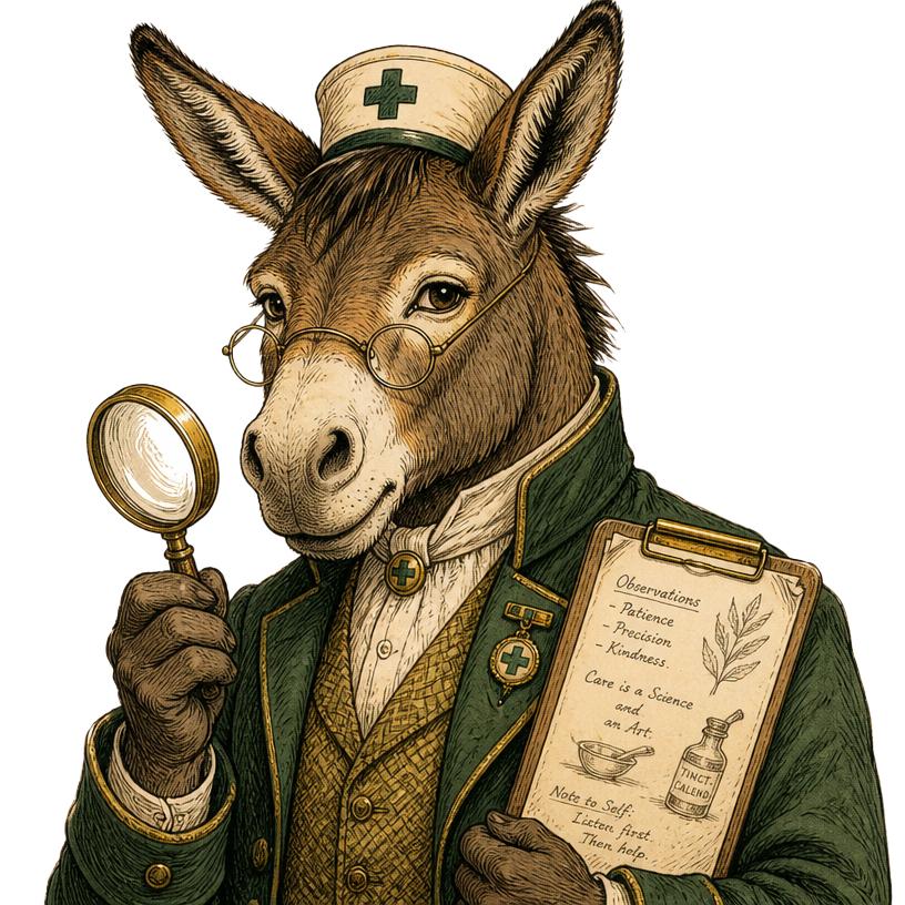 Nurse Mule, a bespectacled mule in a green coat and nurse's cap, holding a magnifying glass and a clipboard of study notes.